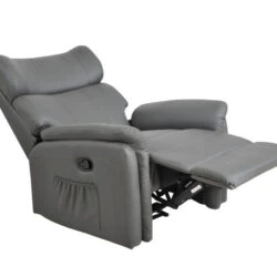 Grey leather manual recliner armchair in a reclined position.