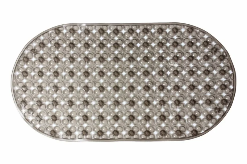 Oval shower mat with numerous suction cups on the underside.