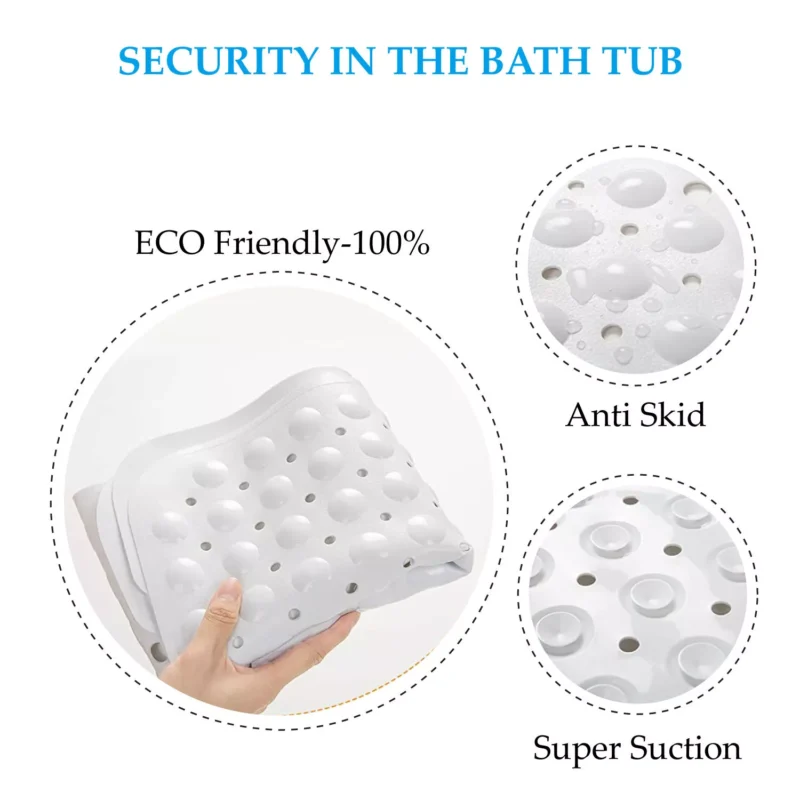 White shower mat with suction cups and anti-skid texture.