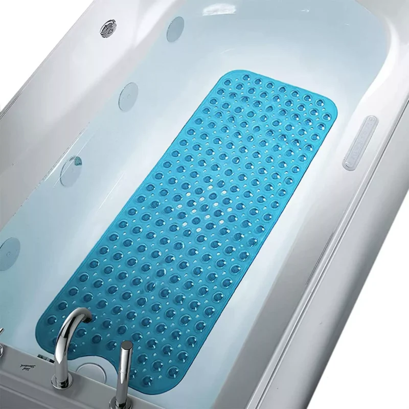 Blue anti slip shower mat placed inside a white bathtub.