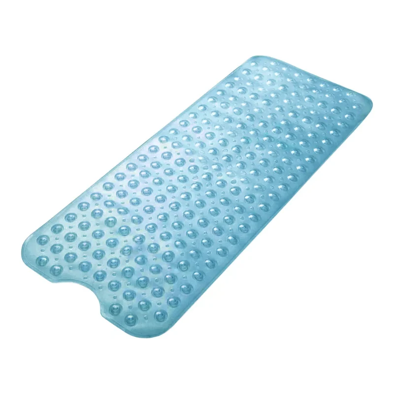 Blue shower mat with a textured surface and rounded edges.