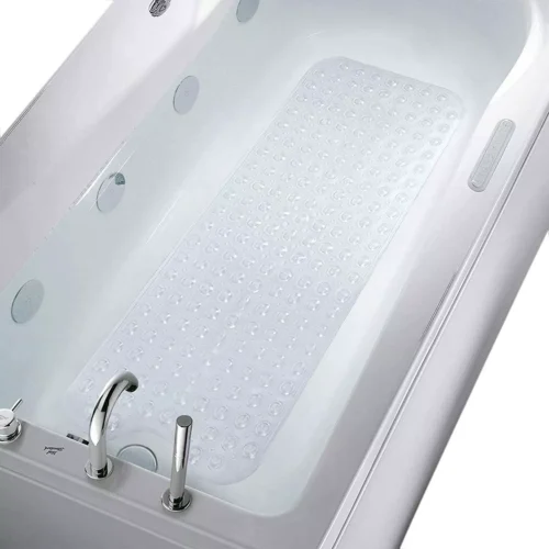 Clear non-slip shower mat placed inside a bathtub.