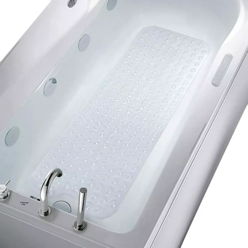 Clear non-slip shower mat placed inside a bathtub.