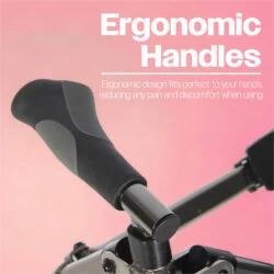 Close-up of ergonomic handle on a walking frame against a pink background.
