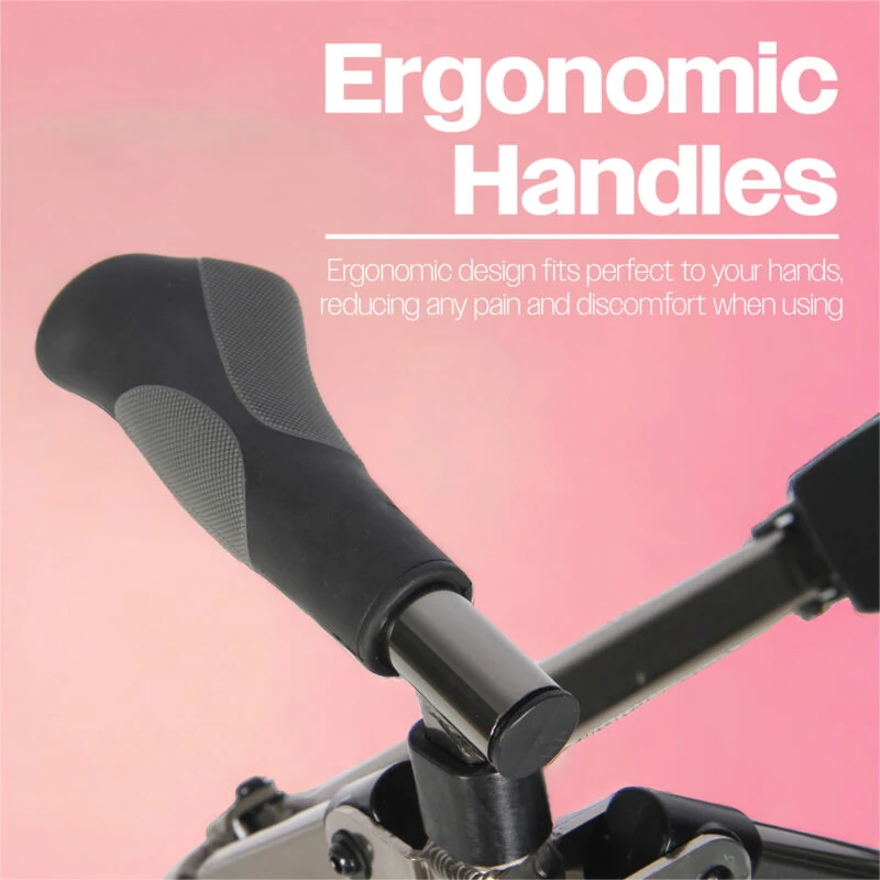 Close-up of ergonomic handle on a walking frame against a pink background.