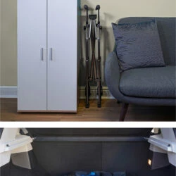 Folding walking frame stored next to a cabinet and in a car trunk.