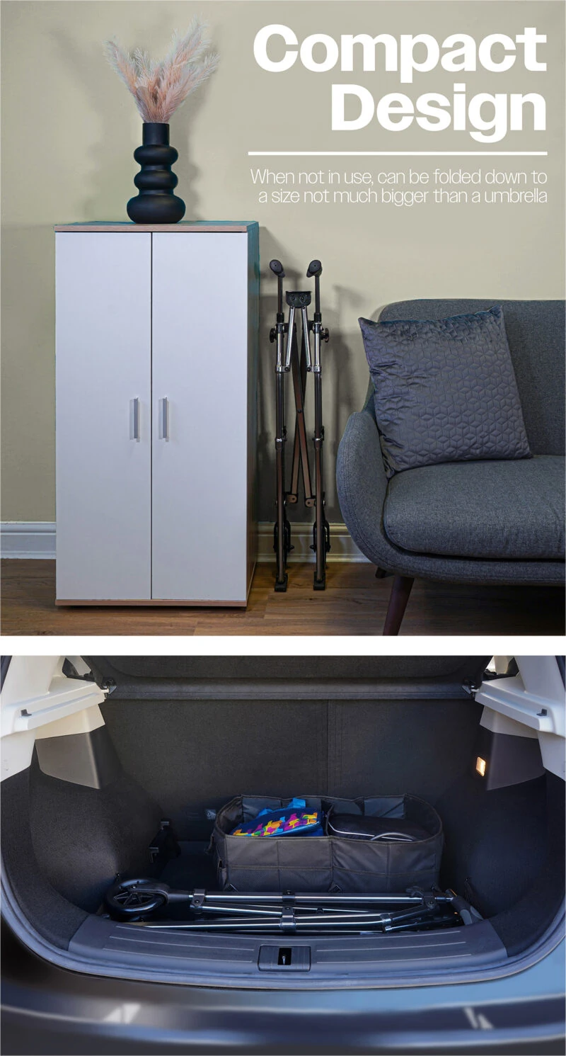 Folding walking frame stored next to a cabinet and in a car trunk.