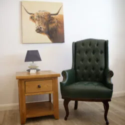 Green high back armchair next to a wooden side table with a lamp.