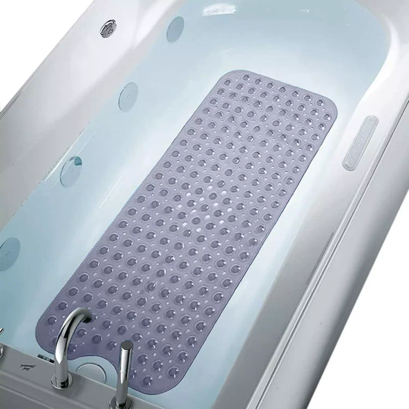 Grey non slip shower mat placed inside a bathtub.