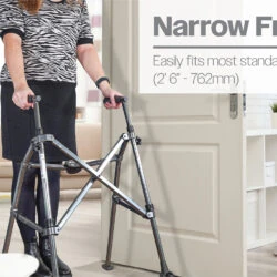 Person using a folding walking frame with wheels through a doorway.
