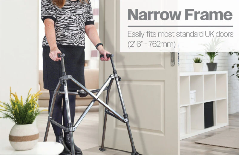 Person using a folding walking frame with wheels through a doorway.