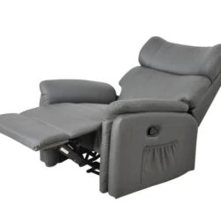 Grey leather manual recliner armchair with extended footrest.