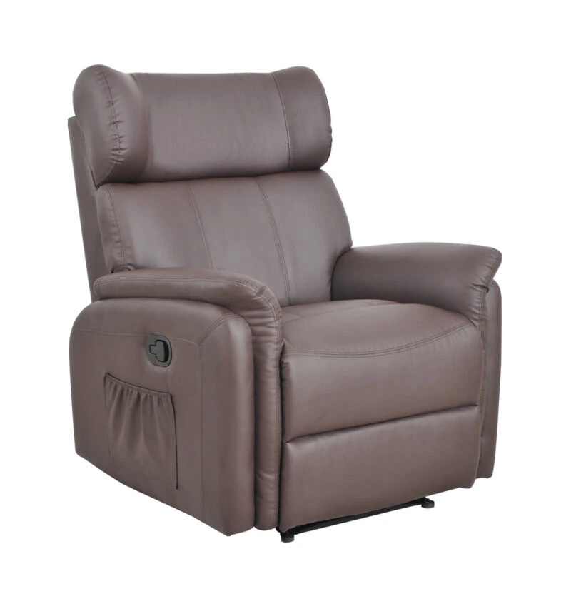 Brown leather manual recliner armchair with high back and winged headrest.