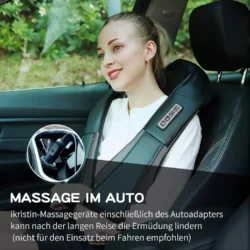 Person using a Shiatsu neck shoulder massager in a car seat.