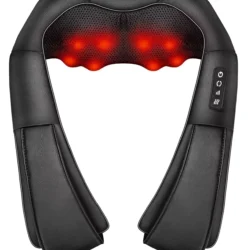 Black Shiatsu neck and shoulder massager with glowing red heat nodes.