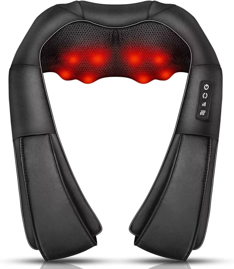 Black Shiatsu neck and shoulder massager with glowing red heat nodes.