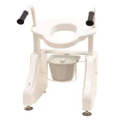 White electric raised toilet seat with black handles and commode pan.