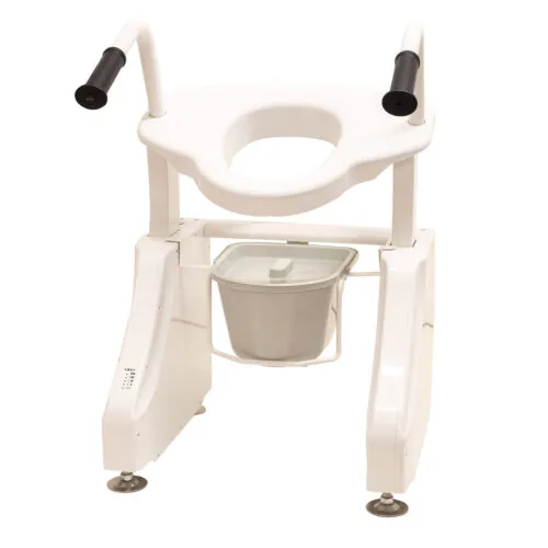 White electric raised toilet seat with black handles and commode pan.