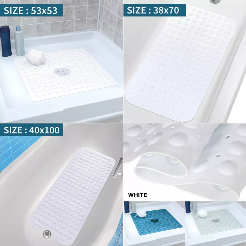Four shower mats in different sizes and colors displayed in a bathroom setting.