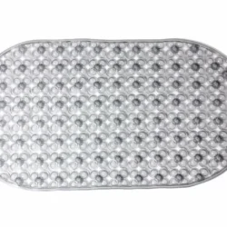 Clear oval shower mat with suction cups.