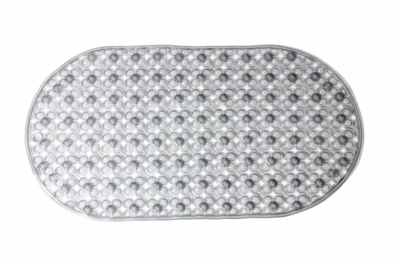 Clear oval shower mat with suction cups.