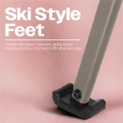 Close-up of ski style feet on a walking frame against a pink background.