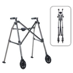 Lightweight folding walking frame with 6-inch wheels.