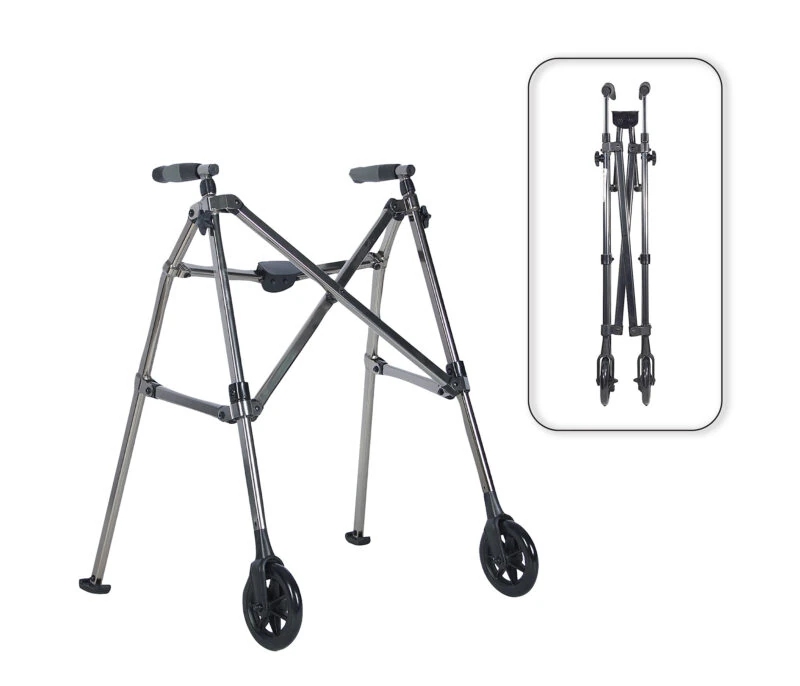 Lightweight folding walking frame with 6-inch wheels.