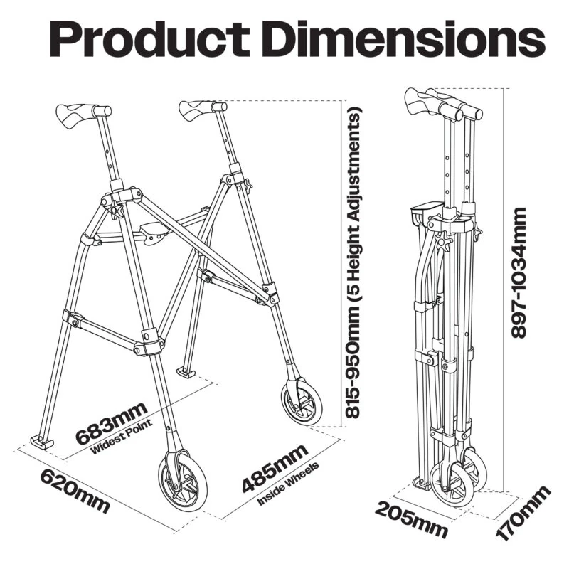 Diagram showing dimensions of a folding walking frame with wheels.