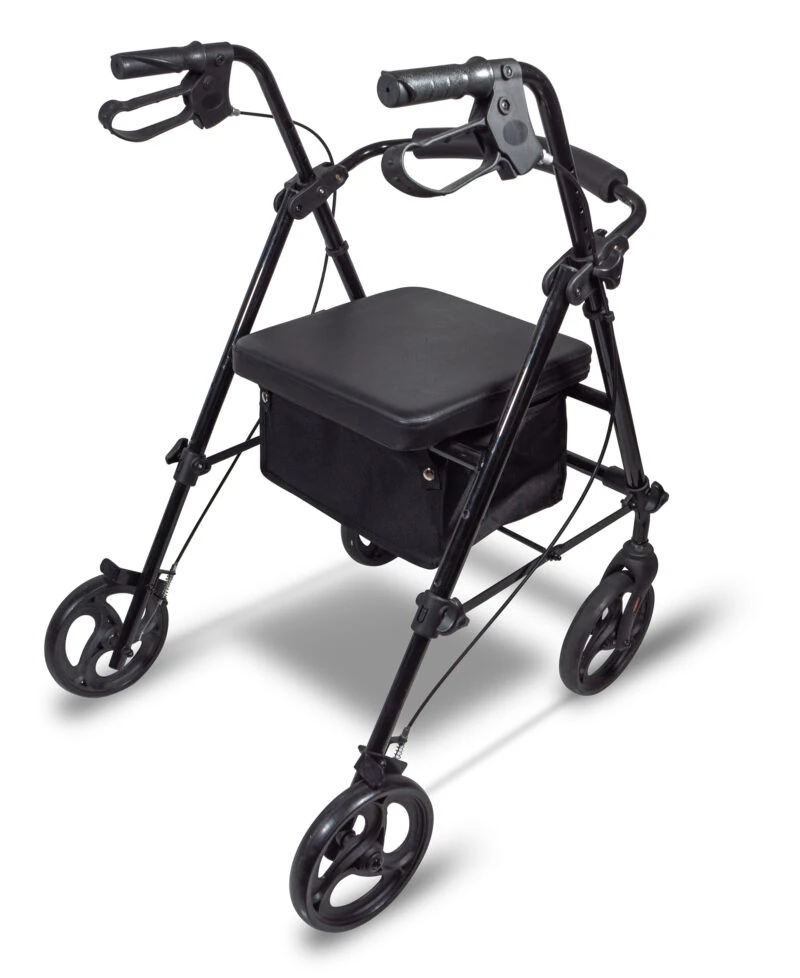 Black rollator with four wheels and a seat.