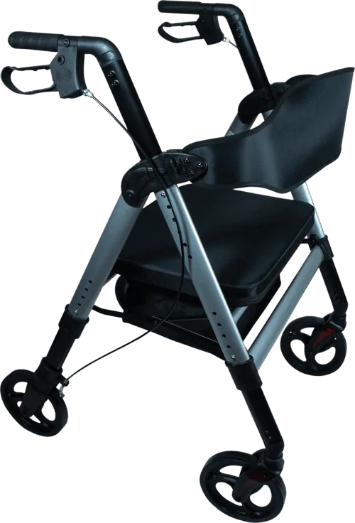 Heavy duty rollator with padded seat and ergonomic handles.