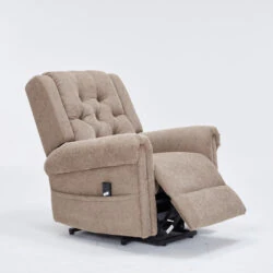 Brown electric recliner chair with a buttoned backrest and extended footrest.
