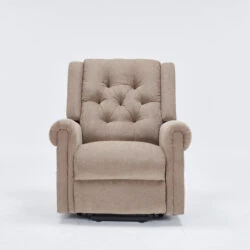 Front view of a brown recliner chair with buttoned backrest.