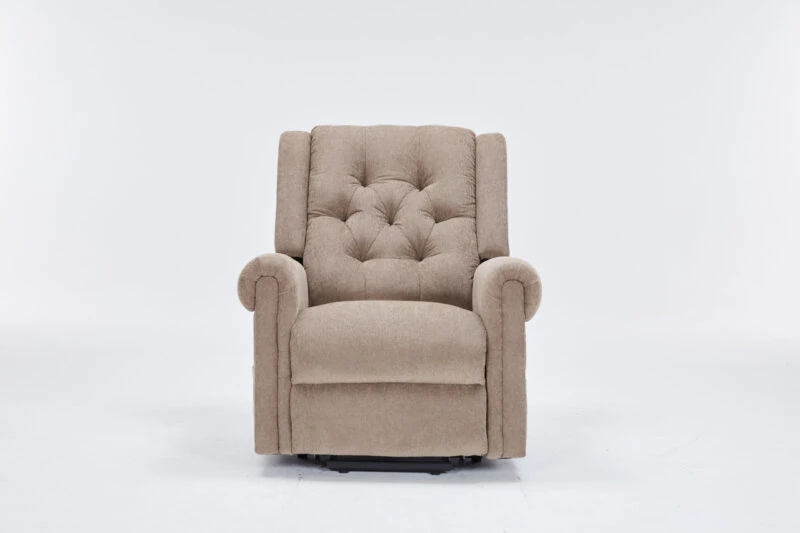 Front view of a brown recliner chair with buttoned backrest.