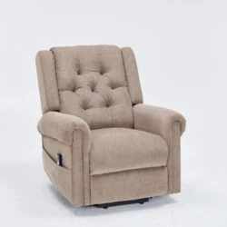 Brown recliner chair with buttoned back and padded armrests.