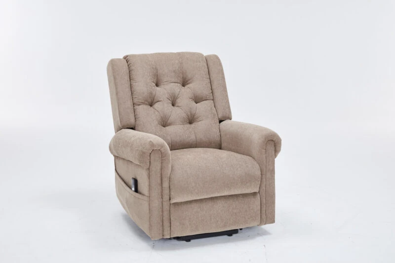 Brown recliner chair with buttoned back and padded armrests.