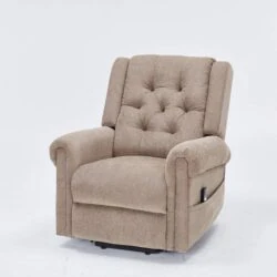 Brown recliner chair with buttoned backrest on a white background.