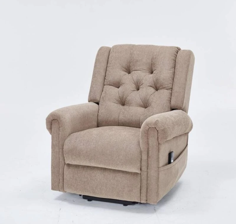 Brown recliner chair with buttoned backrest on a white background.
