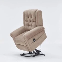 Electric riser recliner chair in a raised position on a white background.