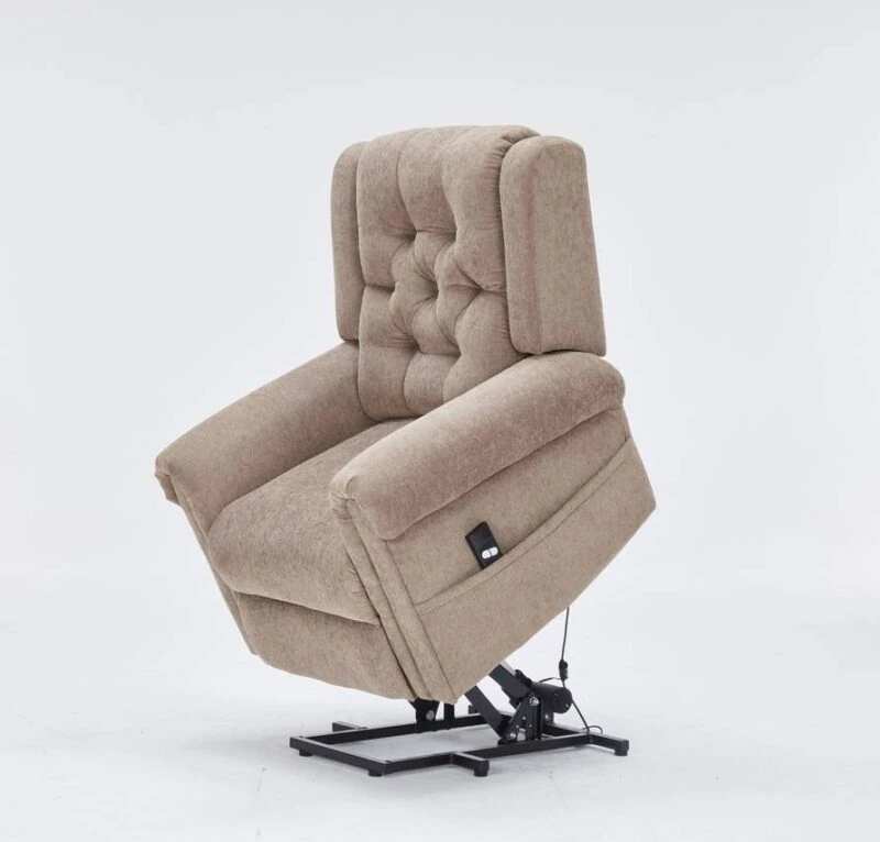 Electric riser recliner chair in a raised position on a white background.
