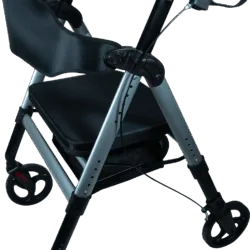 Bariatric rollator with black seat and ergonomic handles.