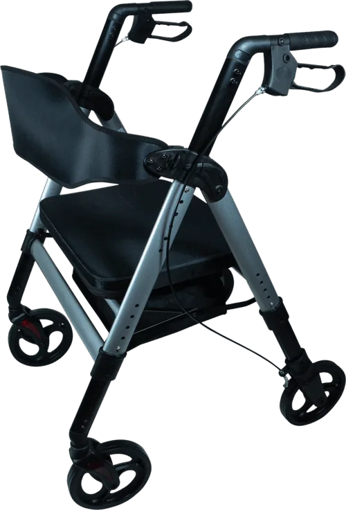 Bariatric rollator with black seat and ergonomic handles.