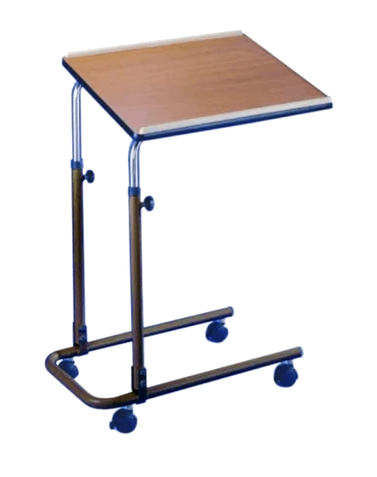 Over chair table with wooden top and wheels, adjustable height.