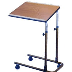 Over chair table with wooden top and wheels.