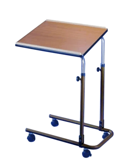 Over chair table with wooden top and wheels.