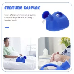 Blue portable urinal bottle with handle shown in a hospital setting.