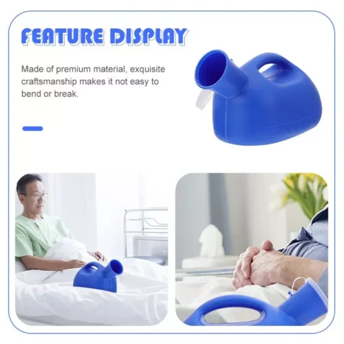 Blue portable urinal bottle with handle shown in a hospital setting.