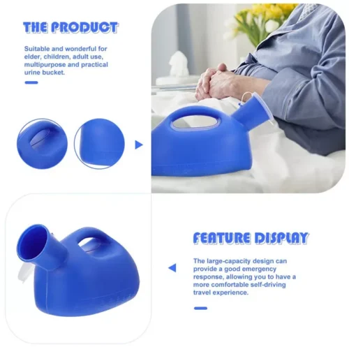 Blue portable urinal bottle with easy-grip handle shown in use.