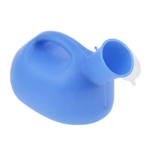 Blue portable urinal bottle with easy-grip handle.