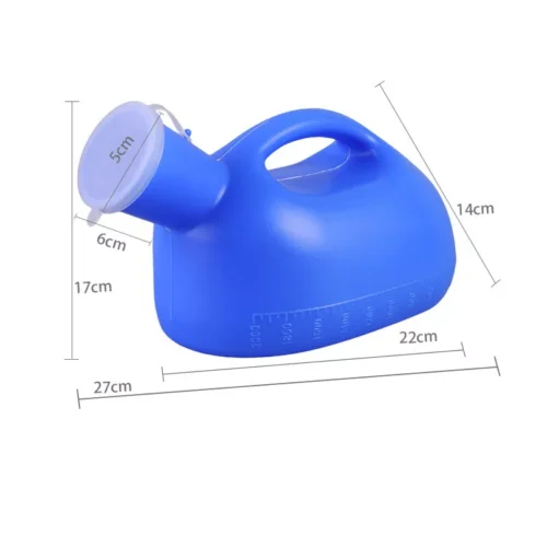 Blue urinal bottle with handle and measurements displayed.